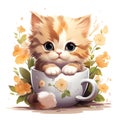 cute cartoon tabby little kitten sitting in a tea cup surrounded by flowers Royalty Free Stock Photo