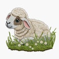 Cute cartoon tapestry little lamb. Embroidery textured lamb on the green grass. Abstract embroidered colorful vector background