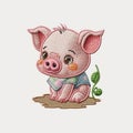 Cute cartoon tapestry pink little pig. Embroidery textured sitting baby pig. Abstract embroidered colorful vector background Royalty Free Stock Photo