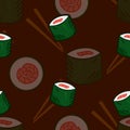 Cute cartoon tasty sushi roll seamless pattern on dark brown background, for food delivery