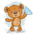 Cute Cartoon Teddy Bear with butterfly. vector print. Good for greeting cards, invitations, decoration, Print for Baby Shower, etc