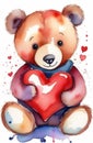 cute cartoon teddy bear character holding big red heart, St Valentine\'s day watercolor illustration Royalty Free Stock Photo