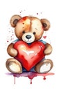 St Valentine\'s day watercolor illustration - cute cartoon teddy bear character holding big red heart Royalty Free Stock Photo