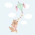 Cute cartoon teddy bear flying on a kite in the sky with clouds. Baby illustration, postcard, print