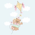 Cute cartoon teddy bear flying on a kite in the sky with clouds. Baby illustration, postcard, print