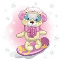 Cute Cartoon Teddy Bear Girl in a knitted scarf, fur headphones,  snowboard goggles and on a snowboard. Royalty Free Stock Photo