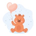 Cute cartoon teddy bear with heart shaped balloon. Baby illustration, greeting card Royalty Free Stock Photo