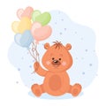 Cute cartoon teddy bear with heart shaped balloons. Baby illustration, greeting card Royalty Free Stock Photo