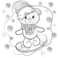 Cute Cartoon Teddy Bear in a knitted scarf, hat, glasses and on a snowboard. Royalty Free Stock Photo