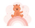 Cute cartoon teddy bear with a magic wand on a rainbow. Baby illustration, greeting card Royalty Free Stock Photo