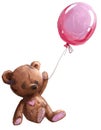 Cute cartoon teddy bear with pink balloon