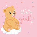 Cute Cartoon Teddy Bear Pink Design Vector. Baby Girl Teddy Bear Shower Invitation Card. Royalty Free Stock Photo