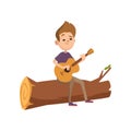 Cute cartoon teenage boy sitting on a log and playing guitar. Summer activity, camping or hiking concept. Vector flat