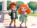 Cute cartoon teens with ice cream in the park. Watercolor illustration Royalty Free Stock Photo