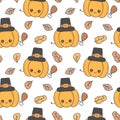 Cute cartoon thanksgiving seamless vector pattern background illustration with pumpkin holding turkey leg and autumn leaves