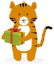 Cute cartoon tiger with Christmas present isolated on white background