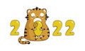 Cute cartoon tiger cub with an inscription from the numbers 2022. Symbol of the new year. New Year. Royalty Free Stock Photo
