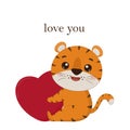 Cute cartoon tiger cub with red heart. Tiger on white background. Vector illustration Royalty Free Stock Photo