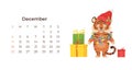 Cute cartoon tiger December 2022 calendar horizontal template.