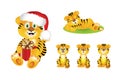 Cute Cartoon Tiger with gift. Vector