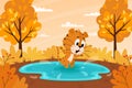 Cute cartoon tiger jumping in a puddle or swimming in a lake. Autumn landscape. The symbol of the year. Animal character. Color Royalty Free Stock Photo