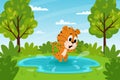 Cute cartoon tiger jumping in a puddle or swimming in a lake. Summer landscape. The symbol of the year. Animal character. Color Royalty Free Stock Photo
