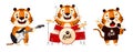 Cute cartoon tiger playing electric guitar, drums and singing, rock band. Symbol of 2022, year of the tiger. Vector Royalty Free Stock Photo