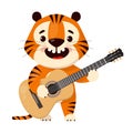 Cute cartoon tiger plays acoustic guitar, vector illustration isolated on white background Royalty Free Stock Photo