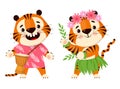 Cute cartoon tiger plays the drum and dances hawaiian hula dance. Symbol of 2022, year of the tiger. Vector illustration
