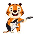 Cute cartoon tiger plays the electric guitar. Symbol of 2022, year of the tiger. Vector illustration isolated on white