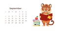 Cute cartoon tiger September 2022 calendar horizontal template.