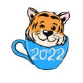 Cute cartoon tiger is sitting in a cup of coffee. Wild kitty character flat style. Modern poster for prints, kid