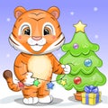 Cute cartoon tiger with star light garland, christmas tree and gift.