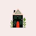 Cute cartoon tiny house. Flat small city building with garden, modern small cottage with yard and trees. Vector isolated Royalty Free Stock Photo