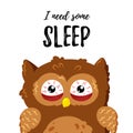 Cute cartoon tired displeased owl. Vector doodle illustration. Template for design, print.