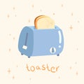 Cute cartoon toasts and toaster, funny breakfast food vector illustration in simple kawaii style