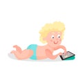 Cute cartoon toddler boy in a diaper lying on the floor and playing using tablet colorful character Illustration