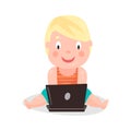 Cute cartoon toddler boy sitting on the floor and playing using laptop colorful character Illustration