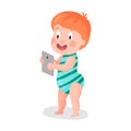 Cute cartoon toddler boy standing with smartphone colorful character Illustration