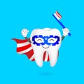 Cute cartoon tooth with American suit holding toothbrush.