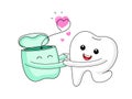 Cute cartoon tooth character and dental floss. Royalty Free Stock Photo