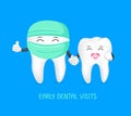 Cute cartoon tooth character, dentist hold hands with child.