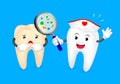 Cute cartoon tooth character take magnifying