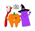 Cute cartoon tooth character with toothbrush and toothpaste in halloween concept. Royalty Free Stock Photo