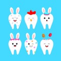 Cute cartoon tooth characters with rabbit ears decoration.