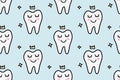 Cute cartoon tooth with a crown. Concept of care for the oral cavity, dentistry. Hand drawn doodle seamless pattern isolated on