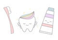 Cute cartoon tooth with rainbow toothpaste and pink tooth brush illustration