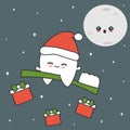 Cute cartoon tooth with santa hat flying on toothbrush in the starry night funny christmas vector illustration Royalty Free Stock Photo