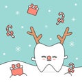 Cute cartoon tooth in the snow with reindeer horn vector christmas illustration Royalty Free Stock Photo