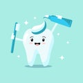 Cute cartoon tooth with toothbrush and toothpaste smiles and shines isolated on green background. Vector flat illustration. Royalty Free Stock Photo